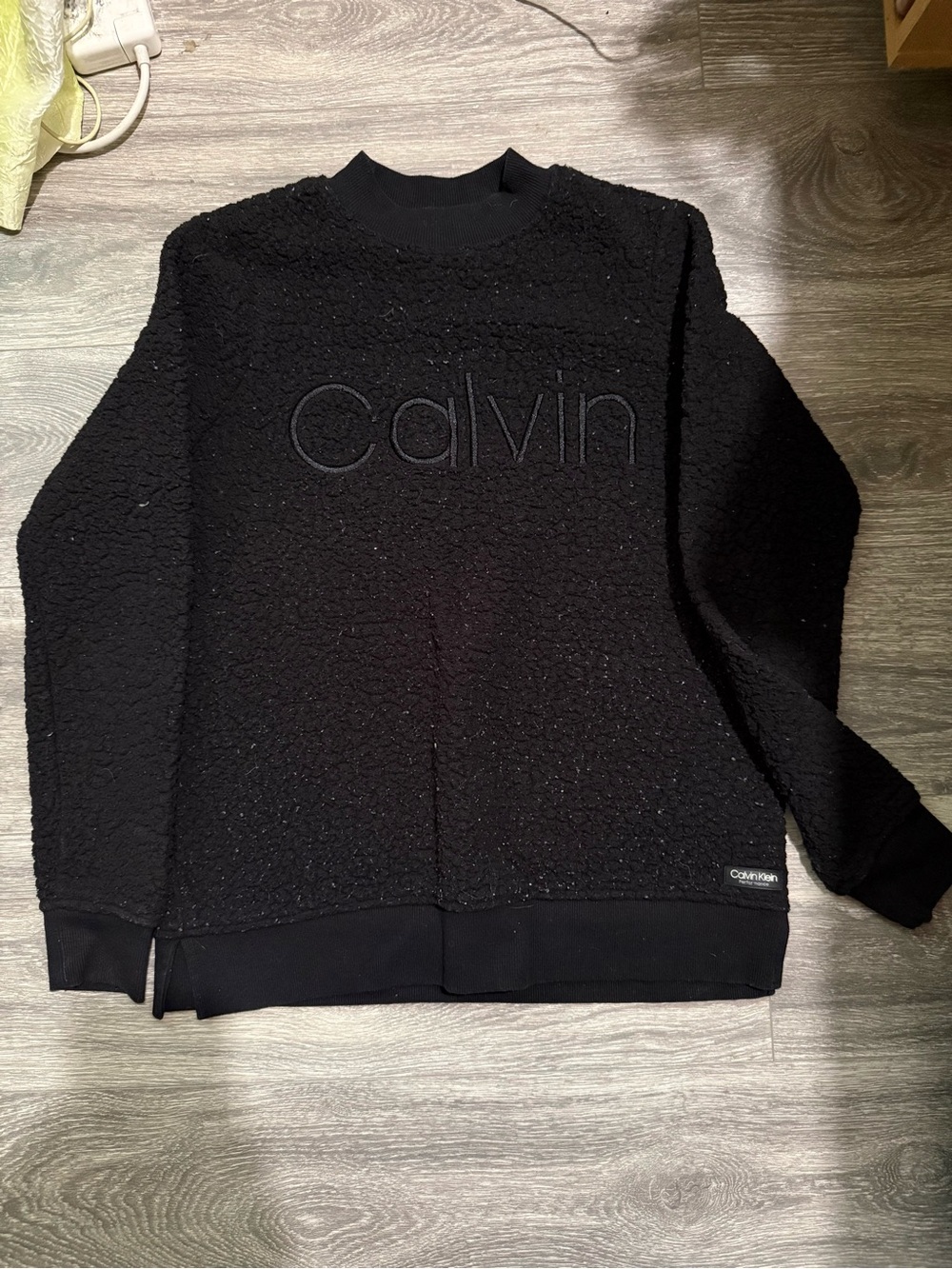Calvin Klein Black Bouclé Crewneck Sweater with Embossed Logo